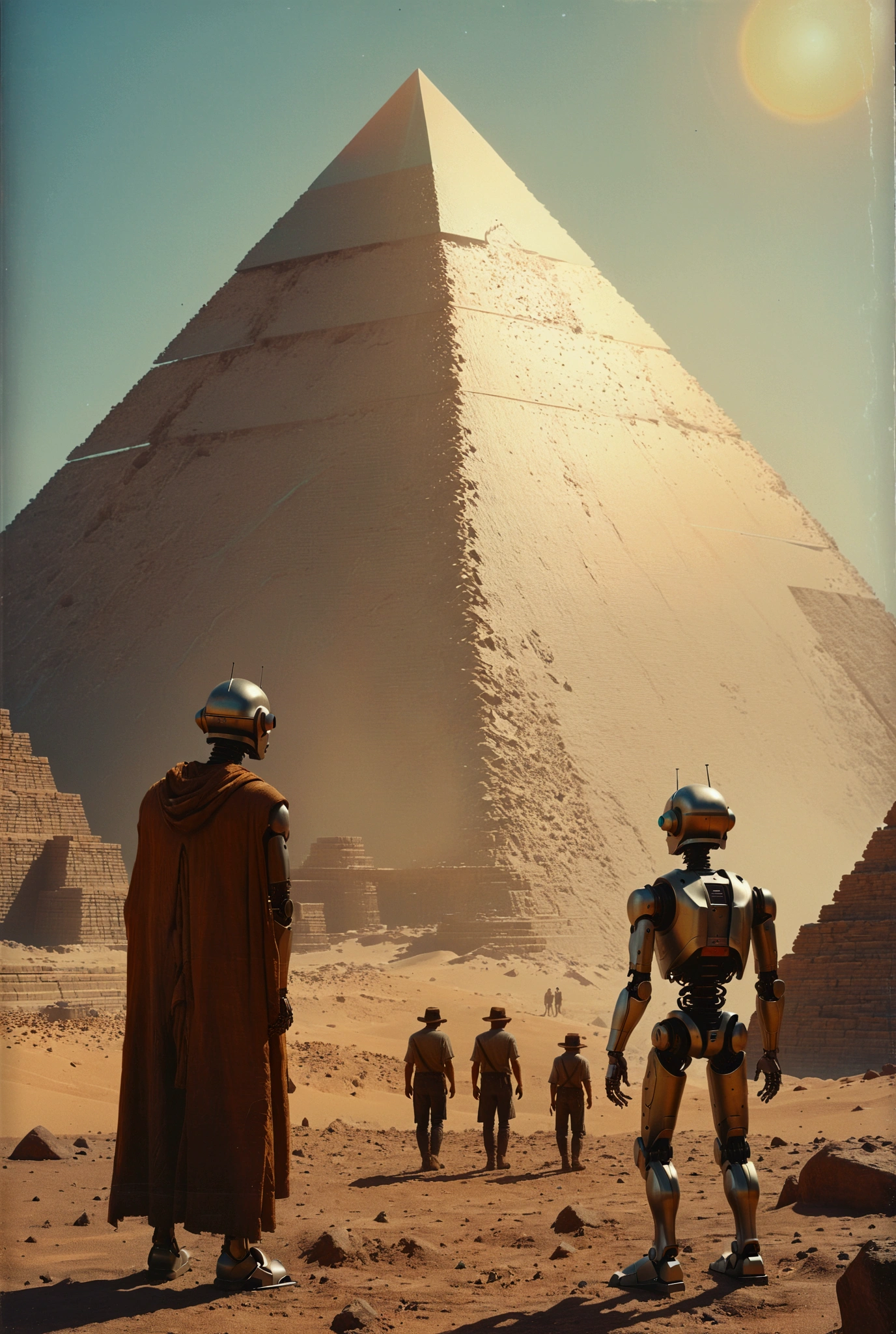 there are two robots standing in front of a pyramid, beeple and jean giraud, beeple and tim hildebrandt, depicted as a scifi scene, beeple and greg rutkowski, beeple and mike winkelmann, cinematic beeple, artgem and beeple masterpiece, by Mike Winkelmann, cinematic cgsociety