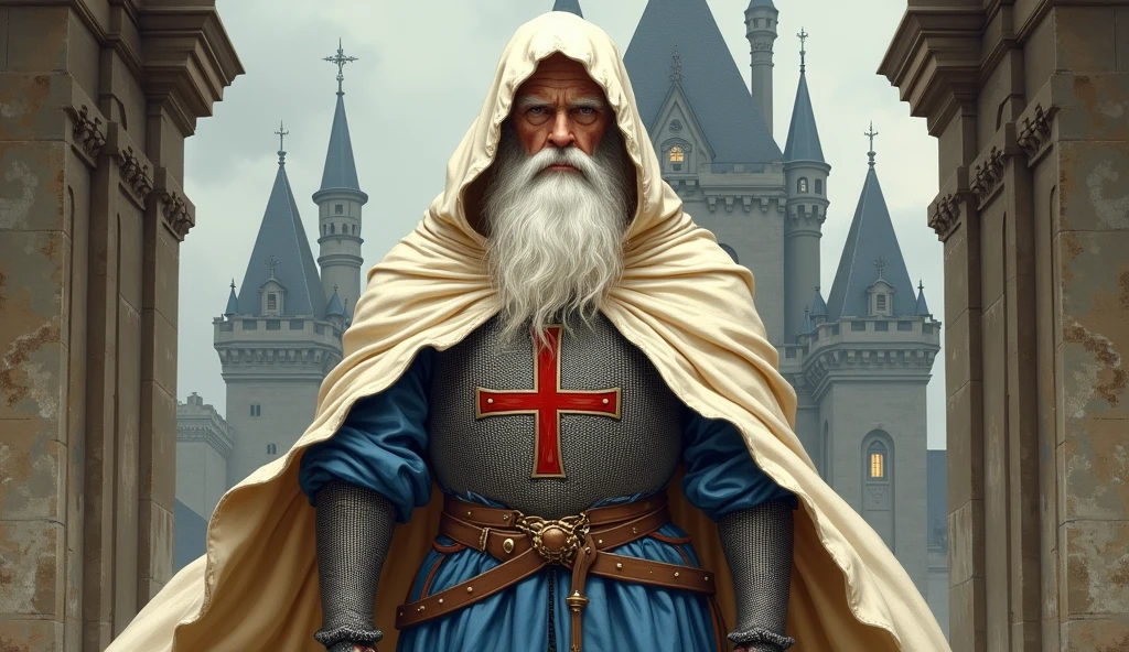 An antique-style illustration depicts a Templar warrior, identified as the Grand Master of the Knights Templar, in a prominent position in the center. He is an older man with a long beard and white hair, facing slightly to the left with a solemn expression. He wears a cream-colored hooded cape adorned with a red cross on the front, over a blue tunic with chainmail armor underneath, holding a sheathed sword at his side, while his right hand holds a metallic sword with a blue hilt. Underneath his tunic, he wears a blue skirt and pants paired with blue boots. The cape extends to the ankles, creating a regal appearance. Behind him is a castle, 
