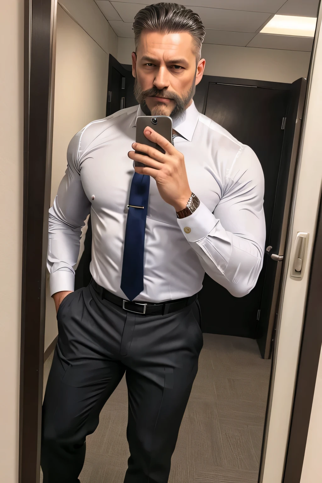 aged 50, muscular, daddy, big protuberance, Suit pants, Large Beard, lust, chef, desk, thick, thick thighs, large breasted, muscular chest, protuberance, muscles, shirt and tie, social shirt, formal shirt, mellow, High definition, realisitic, At work, Large Beard and moustache, No jacket, without vest, social shirt and trousers only, sexy sling shirt, taking a selfie in the mirror, Glossy clothing, ashen hair, equipped, waist belt, British, bright white shirt