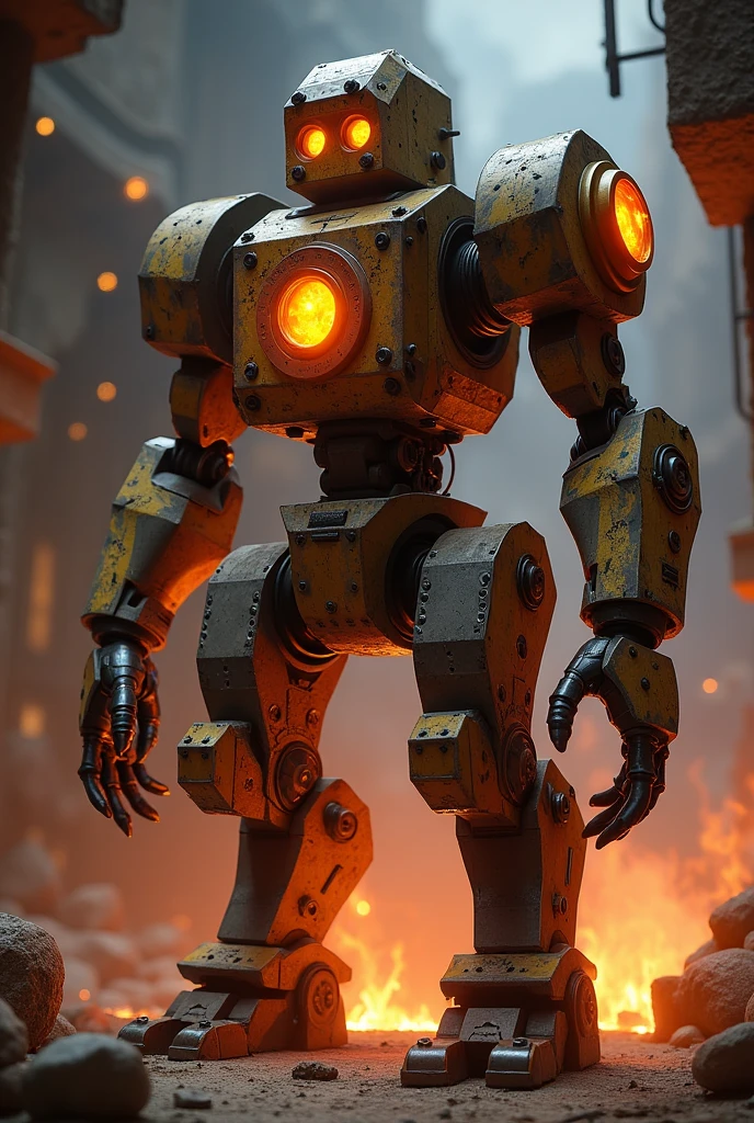 a giant robot blacksmith, robotic humanoid, mechanical figure, intricate metallic machinery, futuristic sci-fi design, industrial cyberpunk style, complex gears and pistons, glowing energy core, sparks and molten metal, powerful metal arms, steampunk aesthetic, cinematic lighting, moody dramatic shadows, warm orange and yellow tones, highly detailed 8k render, photorealistic, masterpiece