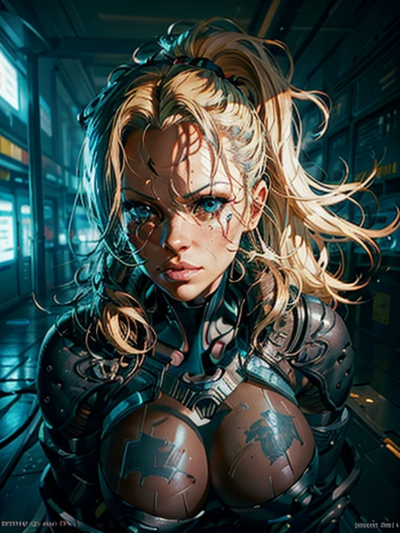 Detailed portrait cyberpunk (Pamela Anderson) (sks woman) (40 year old sks woman), futuristic neon reflective wear, sci-fi, robot parts, ismail inceoglu dragan bibin hans thoma greg rutkowski alexandros pyromallis nekro rene margitte illustrated, perfect face, round breasts, wide hips, ((tattoo)), blonde (long hair),, matte skin, pores, wrinkles, hyperdetailed, hyperrealistic,, Moody Lighting, Hasselblad Award Winner, Soft Diffuse Lighting, Smirk,, machine face, fine details, realistic shaded, intricate, elegant, dominatrix