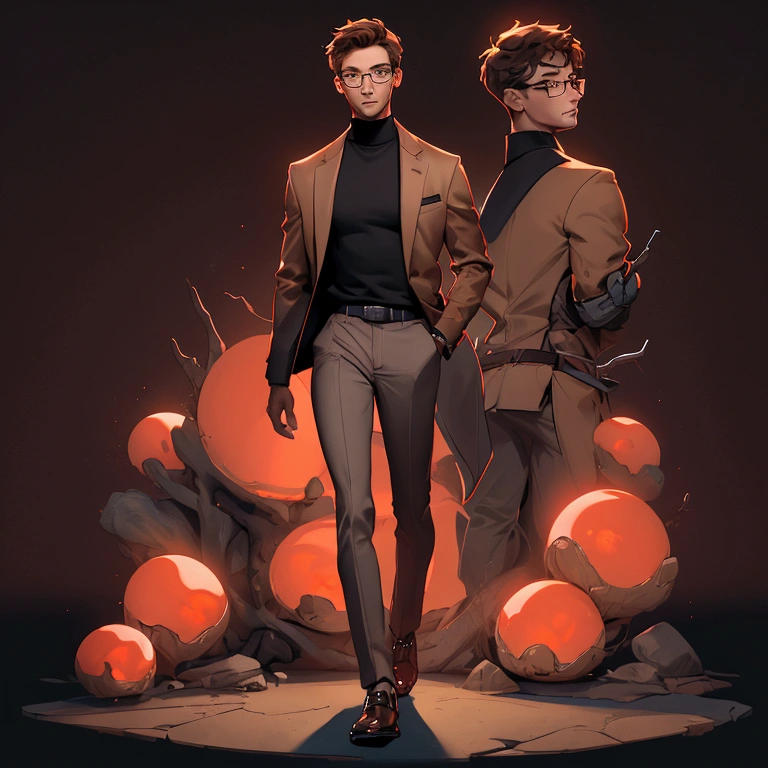 envision a 8k, highres, cinematic full body concept art design of a smart nerdy guy working on technology with a slender body, no facial hair, short sleek brown hair, and brown eyes, glasses, red sweatshirt, beige slacks, belt, dress shoes, tech attachments, against a dark gray background