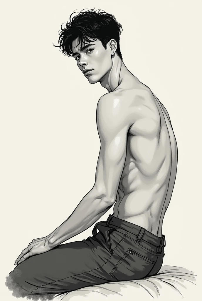 in Chinese and Japanese ink art style, black and white, front view, slender young man, shirtless, barefoot, pantless, in a studio, ambient light, becoming the subject composition, soft colors, perfect composition, beautiful, slender, handsome young man, sitting, smiling, tender gaze, starting to the viewer, detailed muscles, realistic skin, muscled gluteous, detailed hamstrings, You can see his veins, standing in photo studio, his confident look, his masculine countenance, lovely look, shirtless, pantsless, barefoot, in photo studio wearing swimmsuits