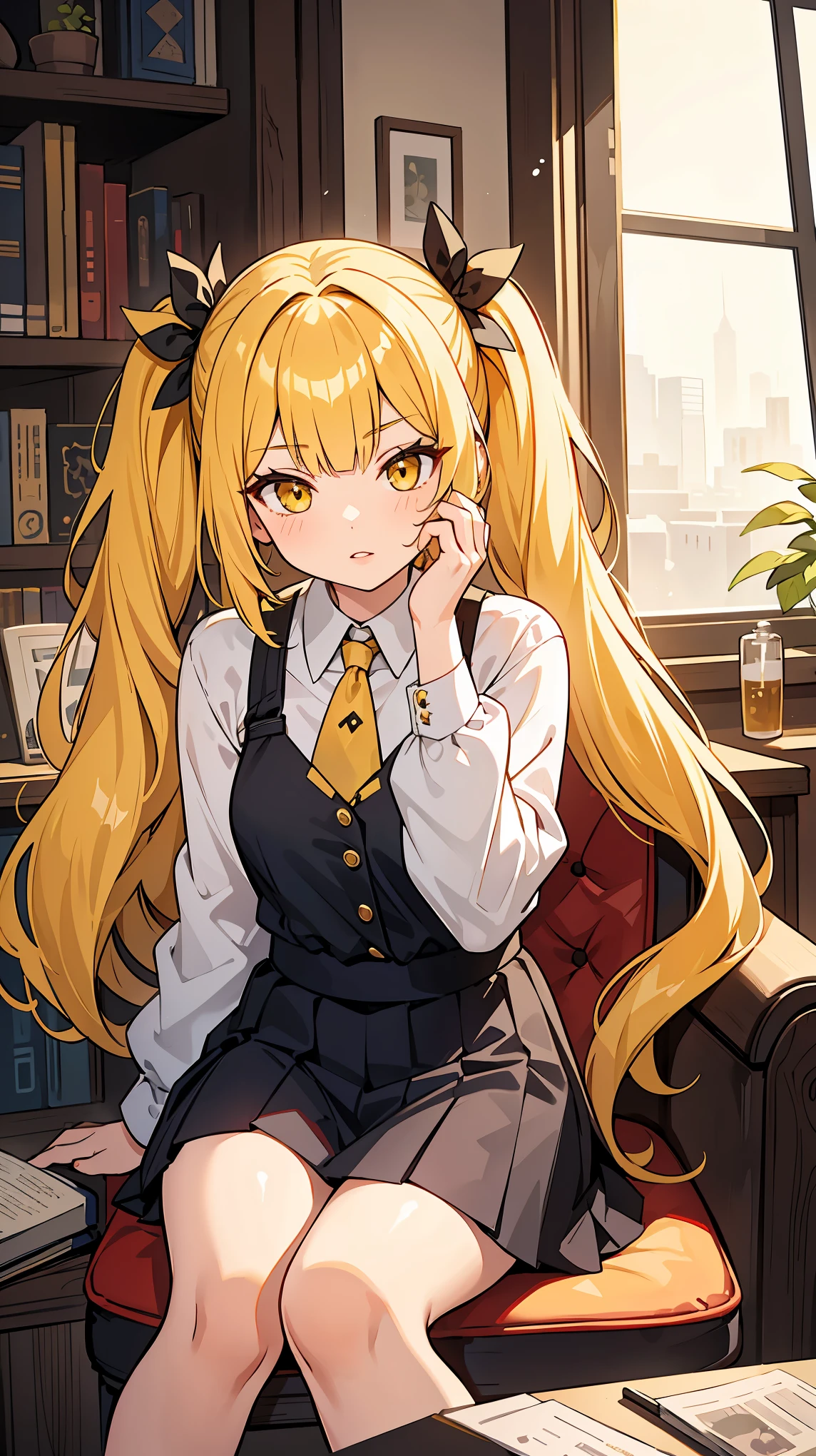 Woman1,30 years old, triangular face, yellow eyes,yellow hair, long side twintails hair, lips,shiny hair,sitting in chair,home,short skirt, tank, high resolution, high detail, very detailed