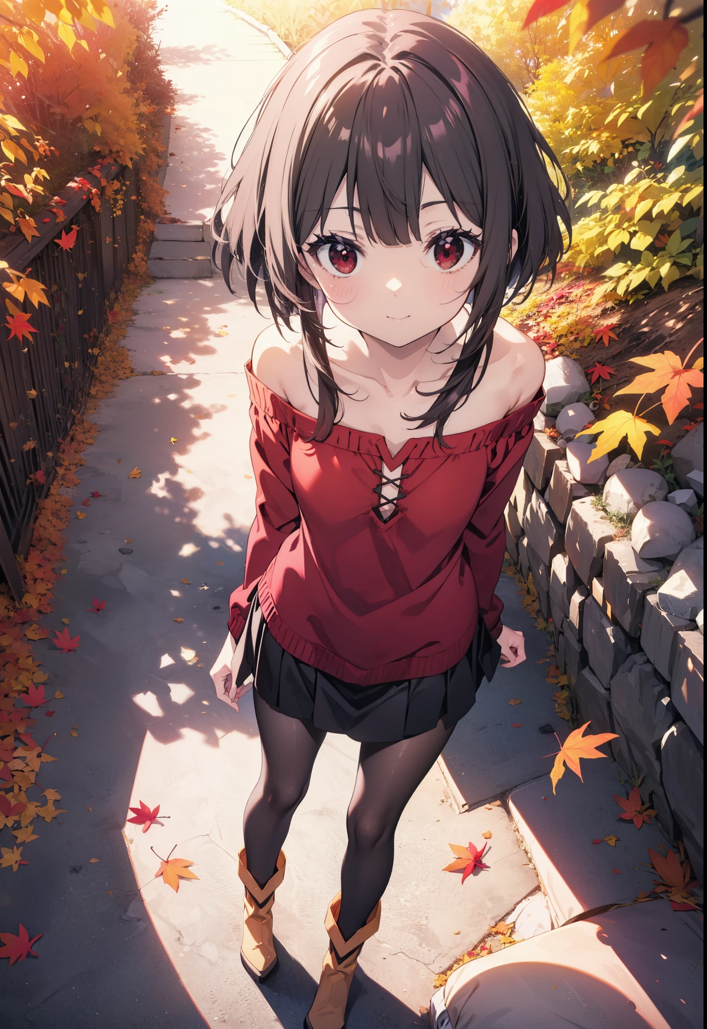 konosubaMegumin, Megumin, short hair, Black Hair, (Red eyes:1.3), short hair with long locks,smile,One-shoulder sweater,mini skirt,Black pantyhose,short boots,autumn leaves,autumn leavesが積もっている,autumn leavesが散っている,Walking,Daytime,Clear skies,whole bodyがイラストに入るように,
break outdoor, forest,
break looking at viewer,whole body, 
break (masterpiece:1.2), Highest quality, High resolution, unity 8k wallpaper, (figure:0.8), (Beautiful attention to detail:1.6), Highly detailed face, Perfect lighting, Highly detailed CG, (Perfect hands, Perfect Anatomy),