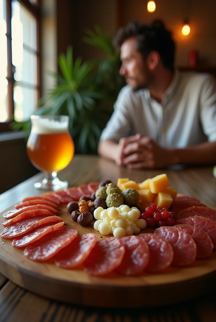 amateur photo, brazilian house, homemade cold cuts board for two at night, glass of beer, seen in first person. as if it were a photo taken on a cell phone for social media and with a small part of a very discreet male arm in the background