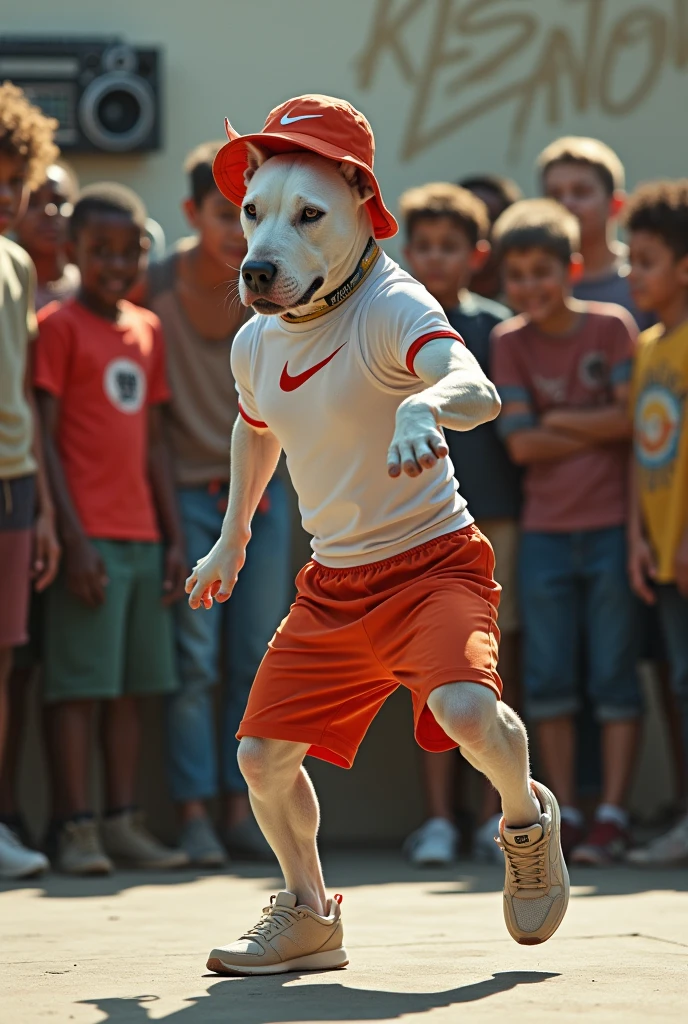 hyper-realistic photo of a Bull terrier wearing Nike gear and a bucket hat breakdancing in front of a crowd of kids in a circle with a boom box in the corner