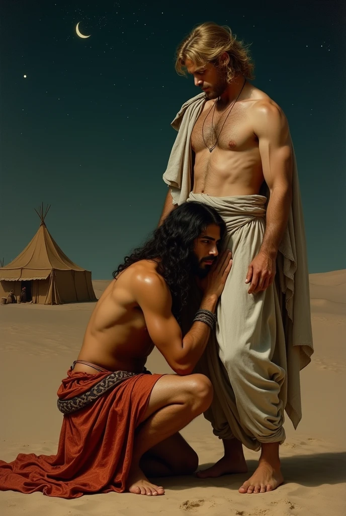 1 arab kneling very close in front of a standing blond man´s groan baroque painting+muslim_art fullbody portrait, an arabian prince, cinnamon skin green eyes, wavy black hair, thin face, slender toned body, body hair, beautiful face, next to a young viking, blond, blue eyes, muscular beautiful face, strong, masculine perfect proportions, white skin innocent look, both naked shirtless pantless barefoot in the mesopotamian desert in the night dynamic movement composition in the background dunes, tents, stars,, south cruce so romantic