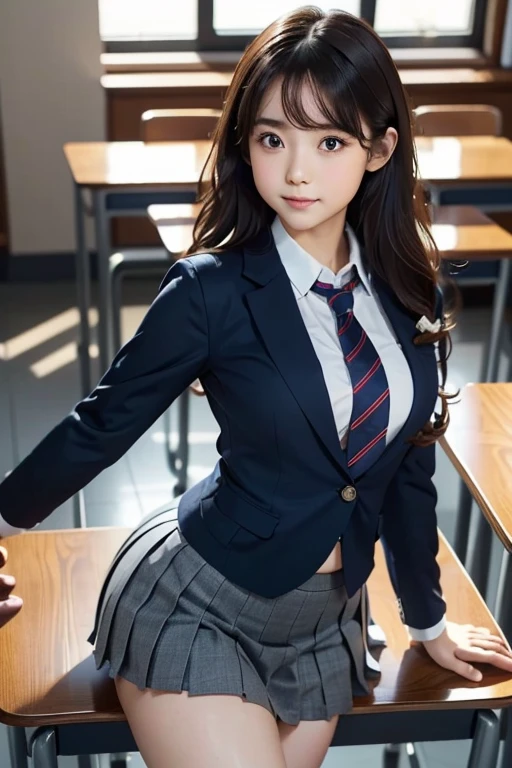 8k, Highest quality, The true picture, Intricate details, Very detailed, Ultra-high resolution, Depth Field,(Realistic,Realistic:1.2), From the side, One of the Japan, Very beautiful person, Big eyes, Beautiful breasts:1.5、Very detailedな目:1.2), (Beautiful breasts:1.1), (Small breasts), Wavy Hair、Curly Hair、bangs, Perfect Skin, Fair skin, (Big Hips:1.3), (Thick thighs:1.3), (Thick legs:1.3), Tight waist, Slightly reddish, alone, Looking at the audience, (smile:1.1), ((School_uniform),(Dark Blue Blazer), (White shirt、Wear a tie), (Grey pleated skirt), (Sculptural installation :1.1), break, (During class:1.2), In a high school classroom, Please sit down