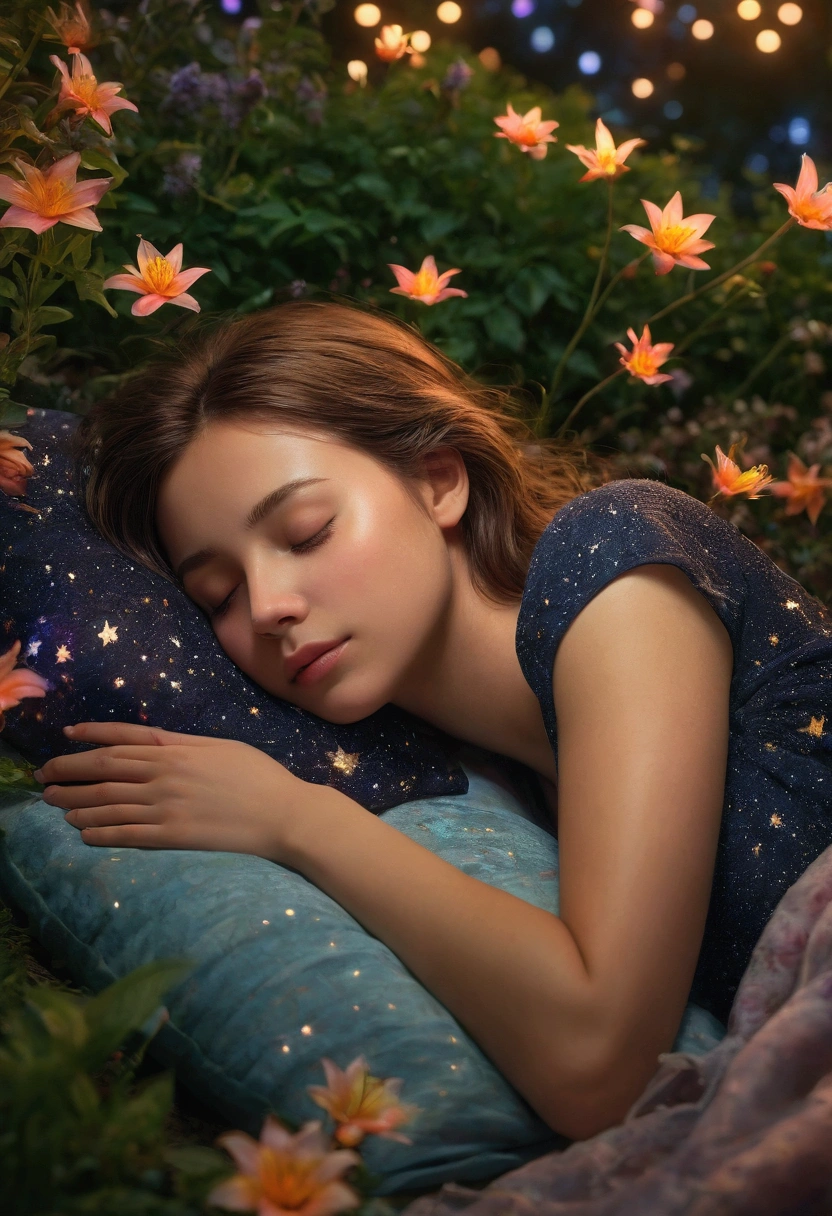 a beautiful young woman sleeping by a garden, surrounded by fireflys and flowers, stars in the night sky above, dreamy, serene, (best quality, 4k, 8k, highres, masterpiece:1.2), ultra-detailed, (realistic, photorealistic, photo-realistic:1.37), HDR, UHD, studio lighting, ultra-fine painting, sharp focus, physically-based rendering, extreme detail description, professional, vivid colors, bokeh, portraits, landscape, dreamlike, cinematic lighting, natural lighting, glowing stars, sparkling water, peaceful, tranquility, epic, fantastic view, like a dream