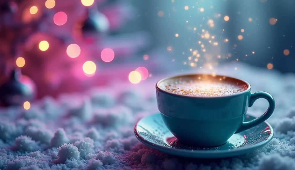coffeecup of latte, city at christmas, surrounded by snowflakes and Christmas decorations in purple and teal tones in a colorful, dreamlike environment with glittering lights and boken effects