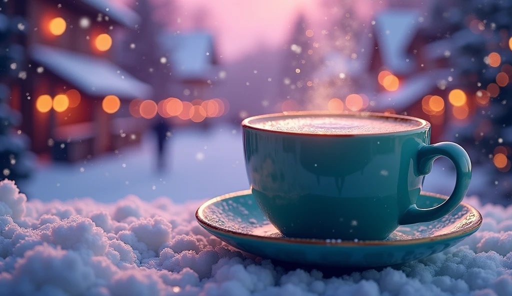 coffeecup of latte, city at christmas, surrounded by snowflakes and Christmas decorations in purple and teal tones in a colorful, dreamlike environment with glittering lights and boken effects
