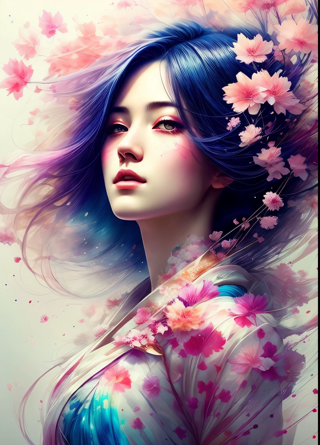 an abstract painting of a blend of geisha with cherry blossoms, by Agnes Cecile, luminous design, pastel colours, ink drops, dynamic lights, Double exposure, artistic, aesthetics, unique