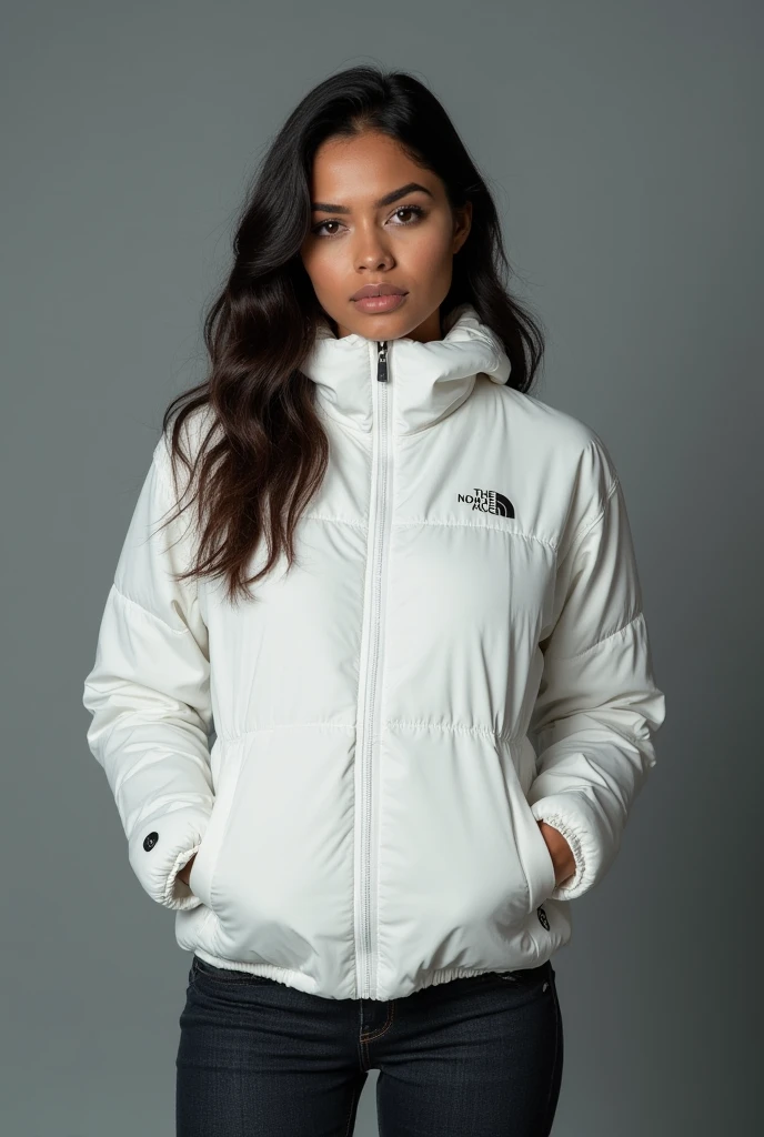 beautiful latin woman, standing straight facing forward,with a white closed North Face cold weather jacket, denim jeans pants, on a greyish background. Medium camera shot.