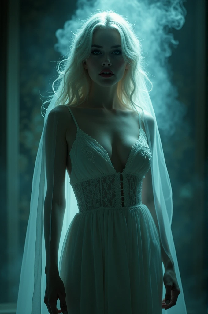 a blonde woman with large breasts and wide hips, ghost possessing her, detailed face, beautiful eyes and lips, elegant dress, dramatic lighting, cinematic composition, dark moody colors, horror, gothic, high quality, photorealistic, 8k, dramatic lighting, dramatic shadows, glowing eyes, ethereal, mysterious, dark fantasy
