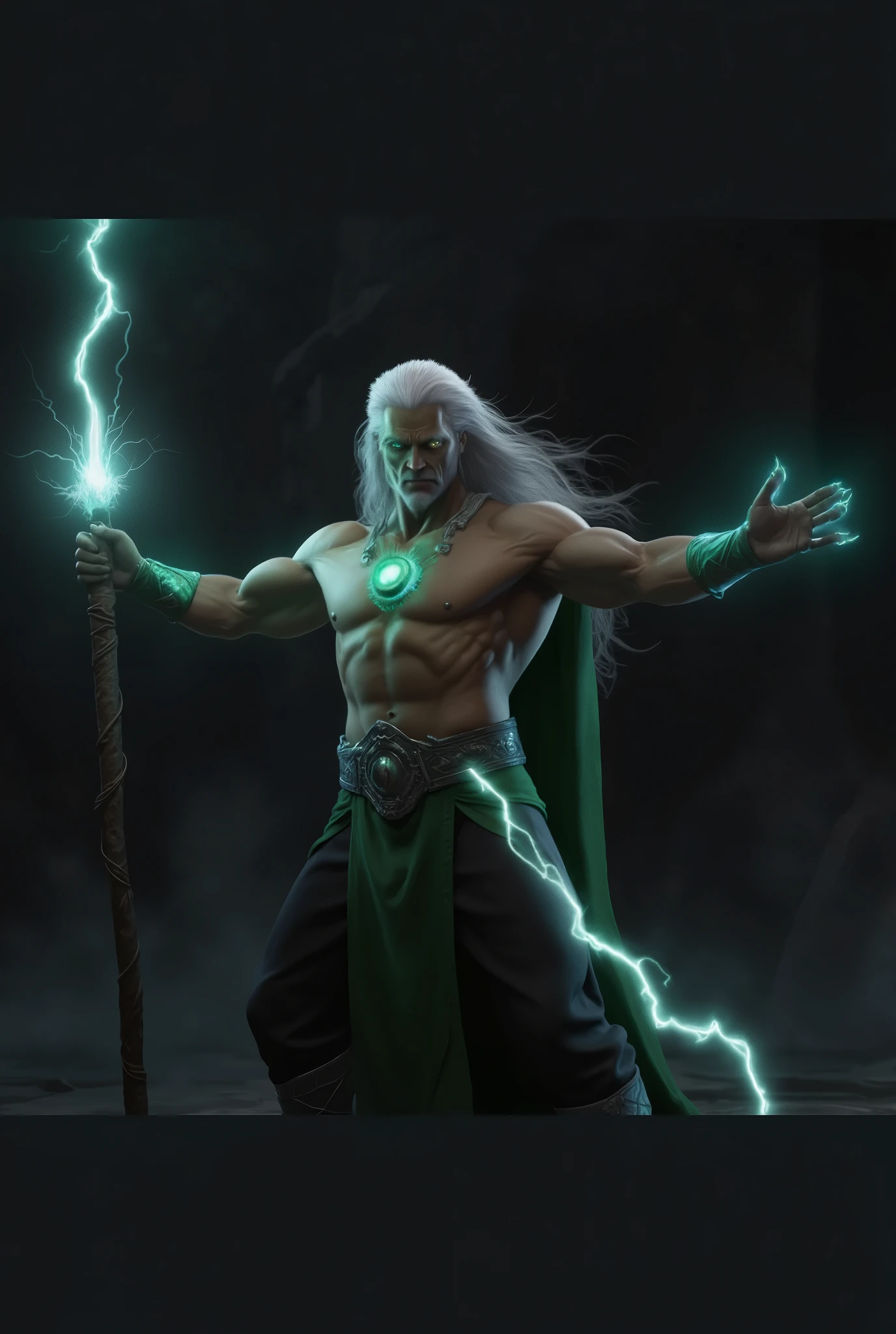 change the color of the rays to black, add more rays emanating from the character&#39;s body, add an intense light to the eyes with the black color like lightning, transform the energy emanating from the staff into a green flame , without rays coming from it,  seen on the character a white tunic with black details partially burned