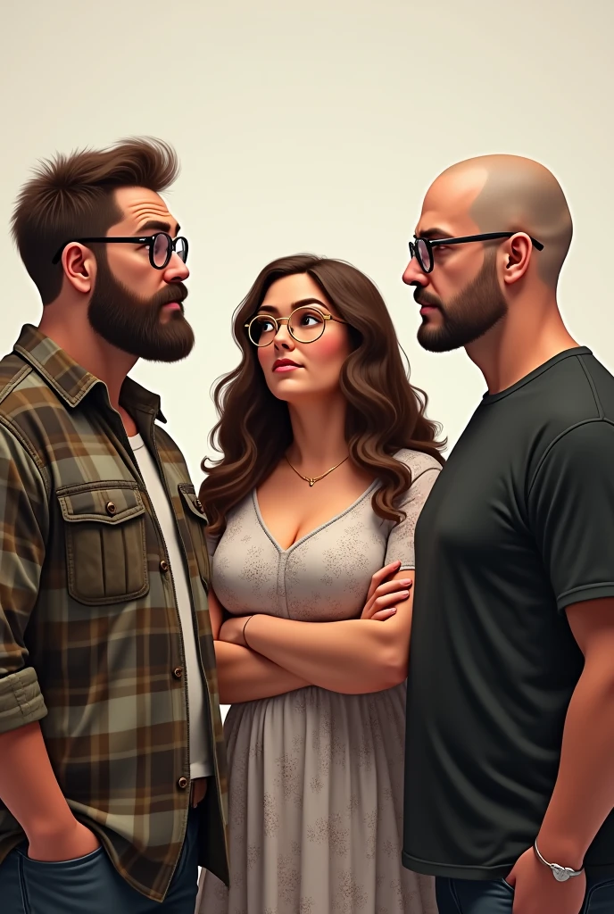 Draw a picture of a man with brown military hair, bearded, round glasses and plaid shirt. stocky white woman, long curly brown hair, gold frame glasses and floral dress. Shaved brown hair man with receding hairline, bearded e camiseta preta. The three are looking at each other.