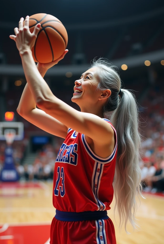 A beautiful youthful looking white Asian women as a 50 years old woman with very long hair completely gray hair in a 90s ponytail as a retired NBA player wearing her old NBA jersey shooting the ball in the basket in a nba stadium she is smiling for the camera