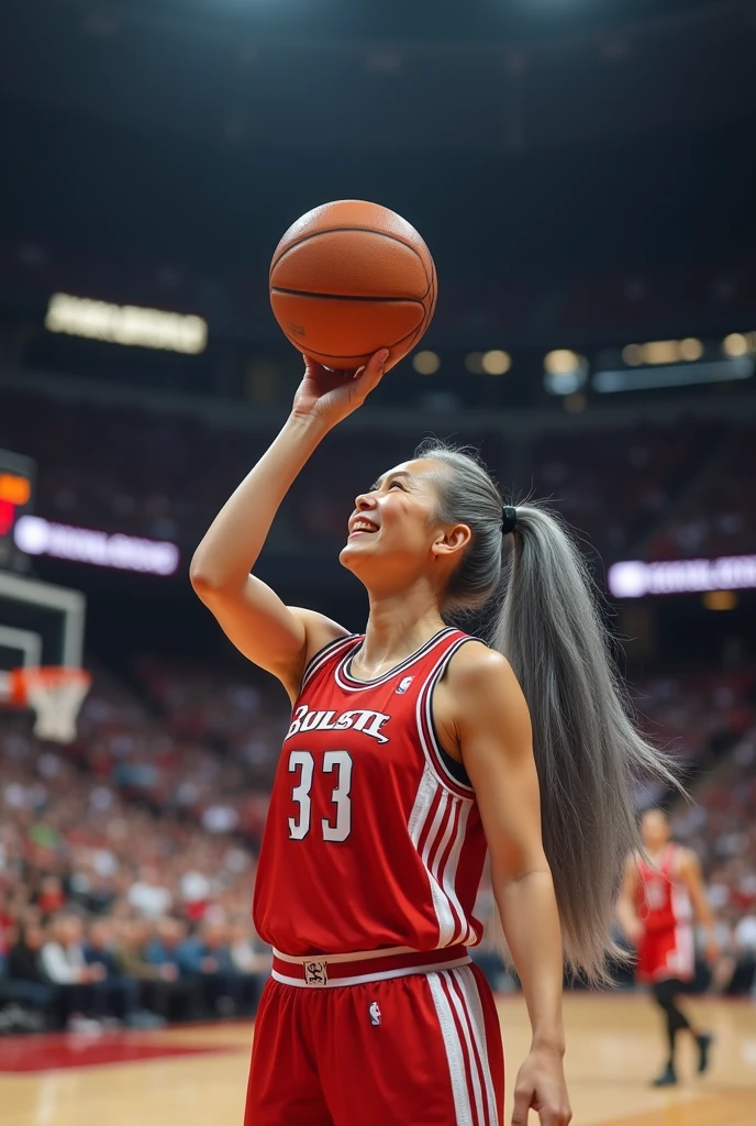 A beautiful youthful looking white Asian women as a 50 years old woman with very long hair completely gray hair in a 90s ponytail as a retired NBA player wearing her old NBA jersey shooting the ball in the basket in a nba stadium she is smiling for the camera
