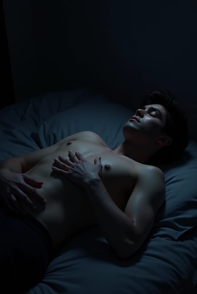 The 1, the same as Jax Pena, was lying on the bed touching his belly in the dark room, wearing no shirt.