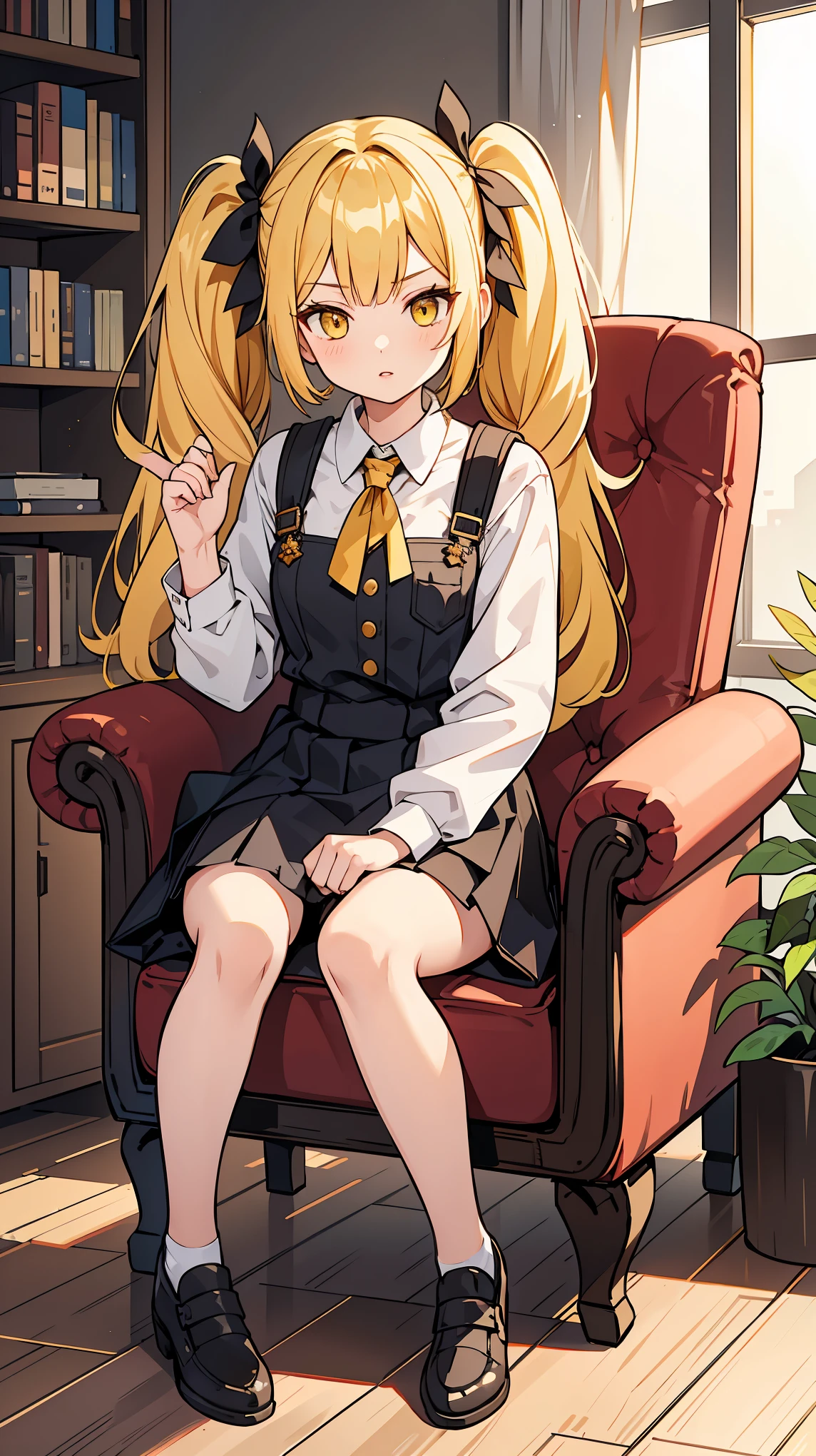 Woman1,30 years old, triangular face, yellow eyes,yellow hair, long side twintails hair, lips,shiny hair,sitting in chair,home,short skirt, tank, high resolution, high detail, very detailed