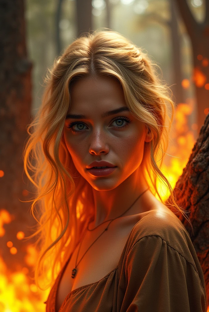 Digital art: blonde woman in a burning forest, face
