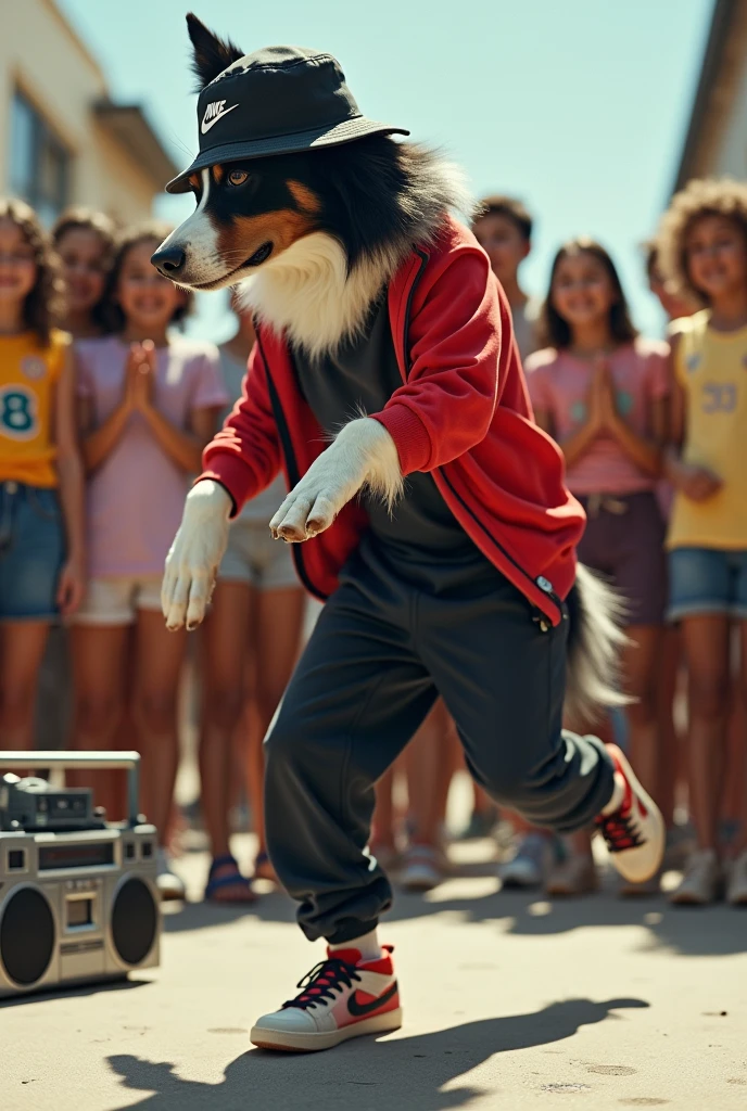 hyper-realistic photo of a Border collie wearing Nike gear and a bucket hat breakdancing in front of a crowd of kids in a circle with a boom box in the corner