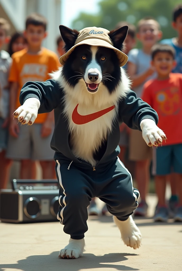 hyper-realistic photo of a Border collie wearing Nike gear and a bucket hat breakdancing in front of a crowd of kids in a circle with a boom box in the corner