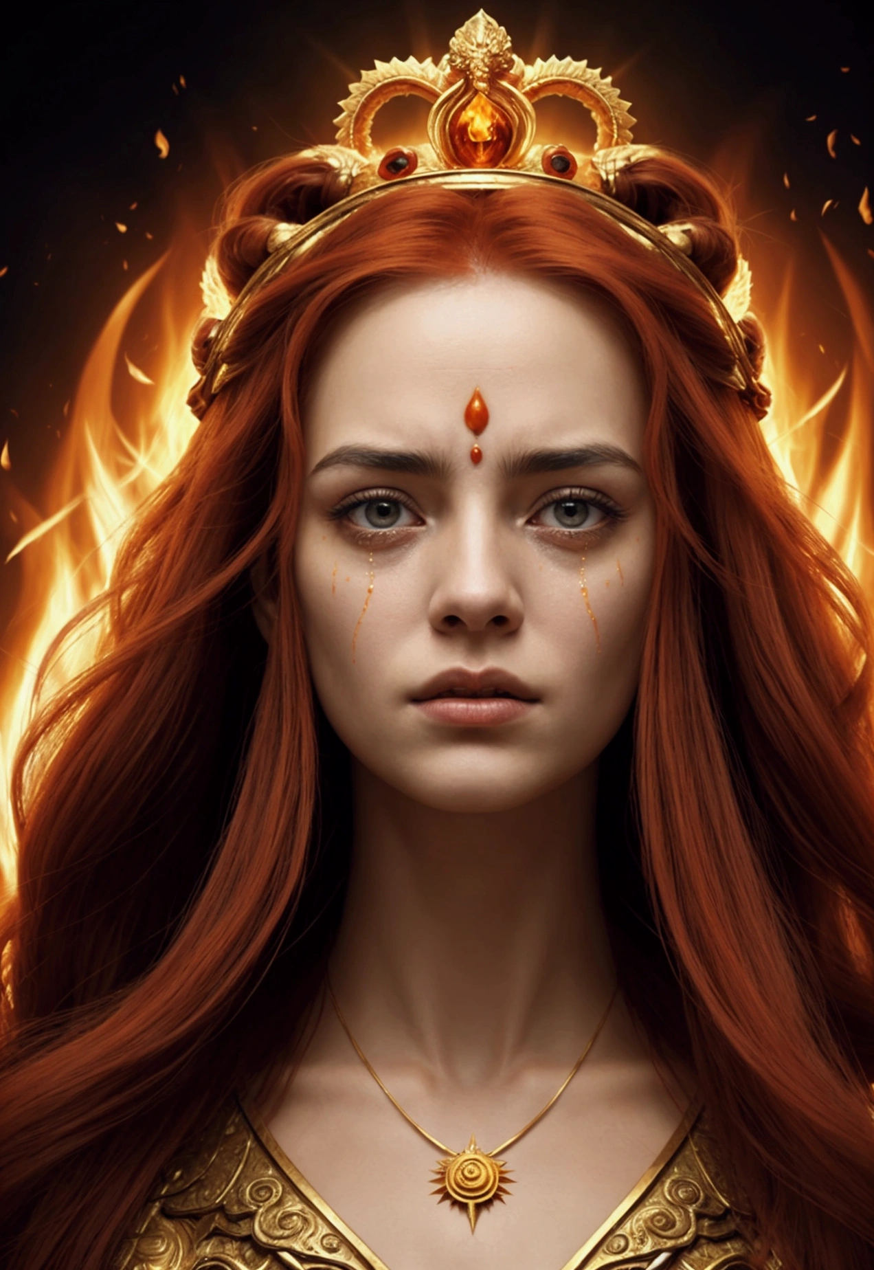 Create a detailed and expressive painting of a fire goddess with long red hair in the foreground. The goddess should be centred in the image with her head slightly tilted back, her eyes shows a great expression of sadness, longing and anger with tears rolling down her cheeks in gold on her face; it reflects the intensity of emotions as in Cabanel's portrait of The Fallen Angel.  His face should be centred to the camera. His shoulders should be visible, while the rest of his body remains outside the frame. The background should feature the element of fire that makes a crown of ashes behind his head, composed of a icon sunny devastation element in dark orange and dark yellow tones as the flames extinguished that create an intense, radiant effect against a black background. The background should be powerful, showing her fury and energy, giving a juxtaposition between the expression of the goddess's face and the chaos background. The hair should give a sense of movement and energy like wind. Use dramatic lighting to highlight the face and hair of the goddess, creating a strong contrast with the fiery background. The artistic style should focus on intricate details and ethereal elements, ensuring that the overall composition appears divine and otherworldly. Maintain the warmth of the colours and fine textures to faithfully replicate the image provided, allowing the figure to be substituted for another while retaining the background and overall style. 