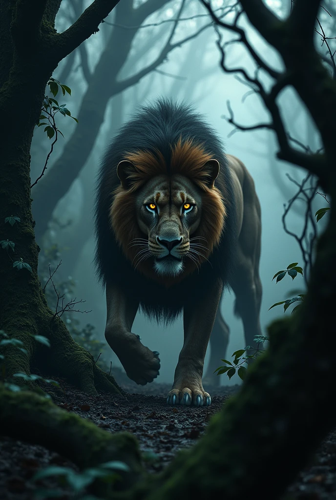 Dark forest wallpaper, a threatening lion in the background, emerging through the trees.