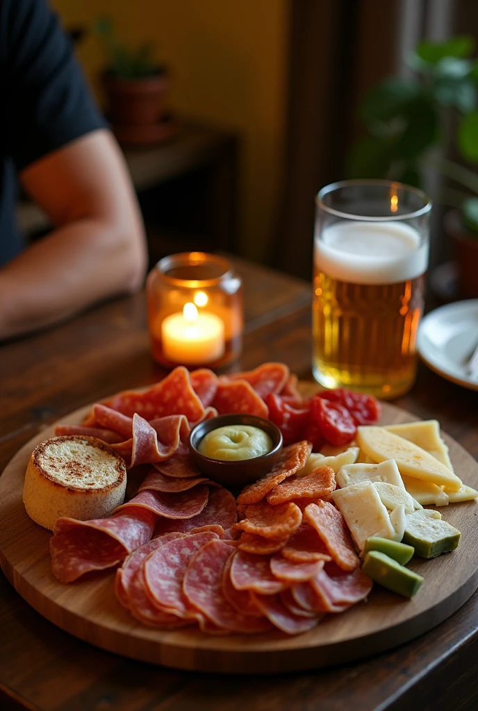 amateur photo, brazilian house, homemade cold cuts board for two at night, glass of beer, taken from above. as if it were a photo taken on a cell phone for social media and with a small part of a very discreet male arm in the background