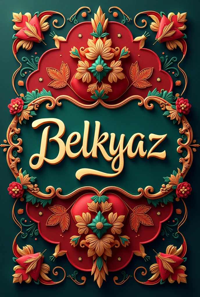 Create a logo for a sewing and crafting company that bears the name Belkyaz with the colors red, green and gold 