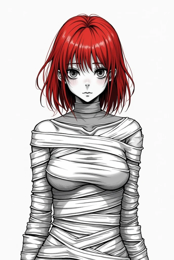 Monochrome manga-style illustration, female character fully covered in intricate bandages, stark contrasts highlighting various textures, vivid red hair cascading around her face, cascading, shoulder-length, framing her features, sad eyes staring directly outwards, brimming with melancholic emotions, front view perspective, showcasing complete clothed body wrapped delicately in layers of gauze, emphasizing the vulnerability of her posture, sharp lines defining contours and edges, deep shadows creating dimension and depth, emotional atmosphere resonating with isolation and introspection, bandages meticulously detailed, alternating between crisp whites and muted grays, suggesting fragility and strength interwoven, stark background elevating the subject, monochrome palette enhancing the dramatic effect of the character's expression, capturing the essence of traditional manga artistry, dynamic inking style contributing to the overall intense feeling of the piece, capturing the raw, unfiltered emotions of the character, evoking a strong sense of empathy in viewers, detailed expressions evident in eyes conveying profound sadness, executed in a style reminiscent of classic manga narratives, focusing on dramatic contrasts, intricate linework, and emotional depth.