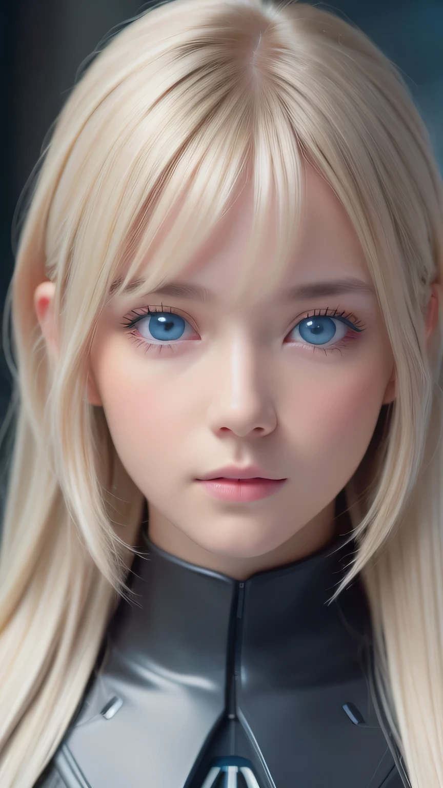 Highest quality、8K masterpiece、Ultra-high resolution、(Realistic:1.3)、RAW Photos、 A stunningly beautiful girl with shining blonde Scandinavian descent、Silvery blonde hair、Super long straight hair、Bangs between the eyes、Bangs that fall over the eyes、Bangs over one eye、Bangs between the eyes、Incredibly white, glowing skin、1. Cyberpunk Super Beautiful Soldier、((Ultra-Realistic Details))、Portraiture、Global Illumination、Shadow Realm、Octane Rendering、8k、Ultra Sharp、metals、Cool colors、、Very intricate details、Realistic Light、Trends of the CG Association、Very beautiful big bright blue eyes、Very big eyes、Eyes shining at the camera、Neon Details、Small Face Beauty、Round face、Highlights of cheek luster、eyeliner、Double eyelids