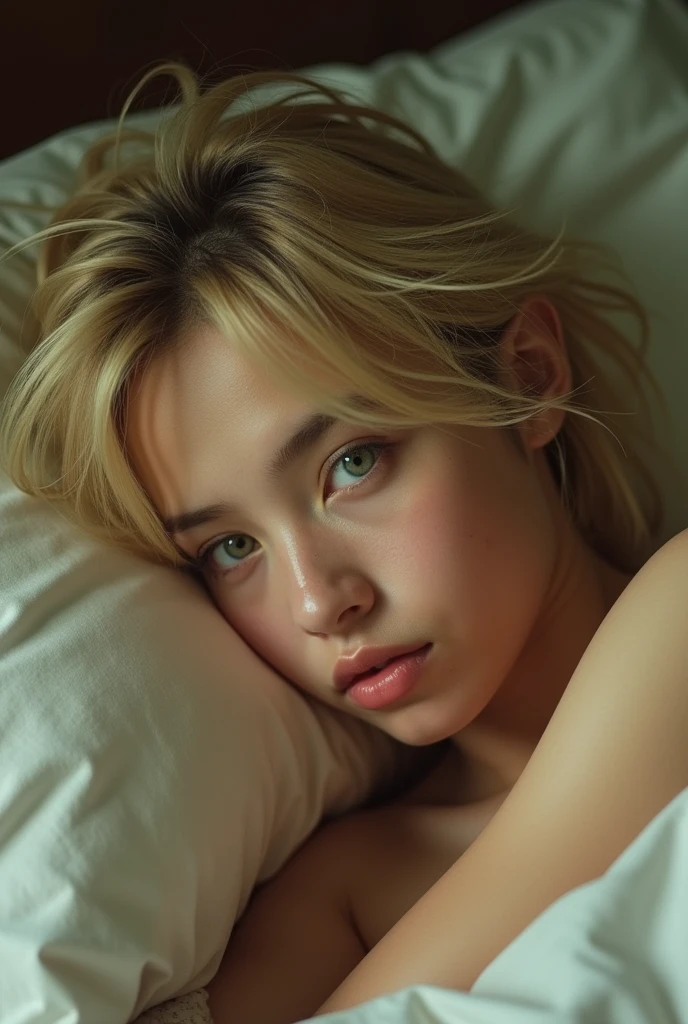 a close up of a person laying in a bed, inspired by Nan Goldin, blond bob haircut, accurate jimin face, large messy hair style, 1 boy thin face