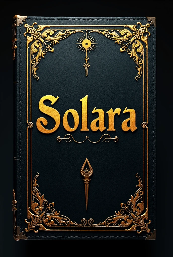 The cover of book with a black background, the cover should say "SOLARA" in gold details, The cover should resemble the cover of a grimoire, but it should cover the entire image, with no background.