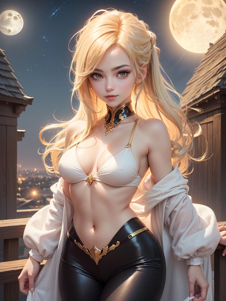 (10, best qualityer, work of art:1.4, ultra high resolution, ((highest quallity)), ((work of art)), (super verbose:1.4) an anime girl, cute anime girl,  looking at the audience, anime girl, young anime girl, slickedback hair, natural blonde hair, mid-back length hair, orange-yellow eyes, (Beautiful, precise and detailed eyes, glare eyes), small lips, pale lips, Caucasian skin, short,  small, hard tits,(u high detailed breasts). b, perfectbody, attractive body, corpo sexy, Calm gaze, ssmile, golden ratio, (Perfect anatomy without destruction),(shiny hair:1.1,),(her face looks delicate and beautiful. her skin looks delicate and beautiful.), Fine body, slim tummy, white undershirt, Waist slender, へそ, detailed breasts, detailed brehe bright white ou divine,(fullmoon:1.1, Backgrounds with depth:1.3), playing with the starlight, 