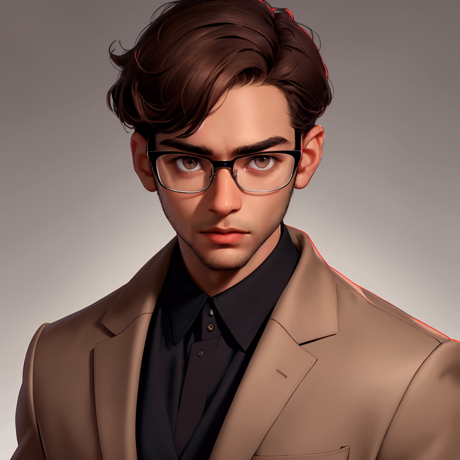 envision a 8k, highres, cinematic close up portrait of a smart nerdy guy working on technology with a slender body, no facial hair, short sleek brown hair, and brown eyes, glasses, red sweatshirt, beige slacks, belt, dress shoes, tech attachments, against a dark gray background