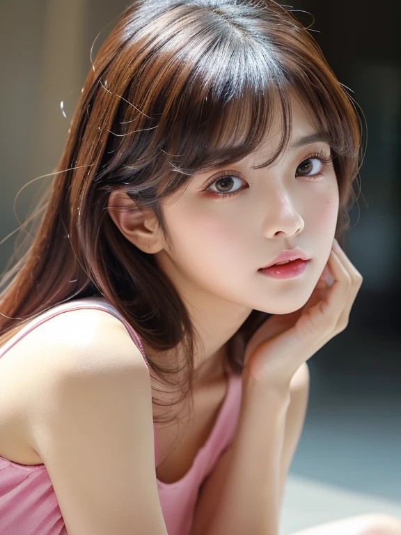 ulzzang girl, 1 ultra hot sexy girl:1.73 , beautiful detailed eyes, realistic:2.2 , beautiful detailed lips, extremely detailed eyes and face, long eyelashes, perfect body, detailed body shape, great shaped perfect ass, big breasts visible, pink blouse with a very large neckline, posing with the part of the body looking straight into the camera, full waist up pose , upper knees pose , photorealistic, hyper detailed, 8k, high quality, studio lighting, dynamic lighting, vibrant colors, glowing skin, intricate details, ethereal beauty, elegant, graceful, serene expression."