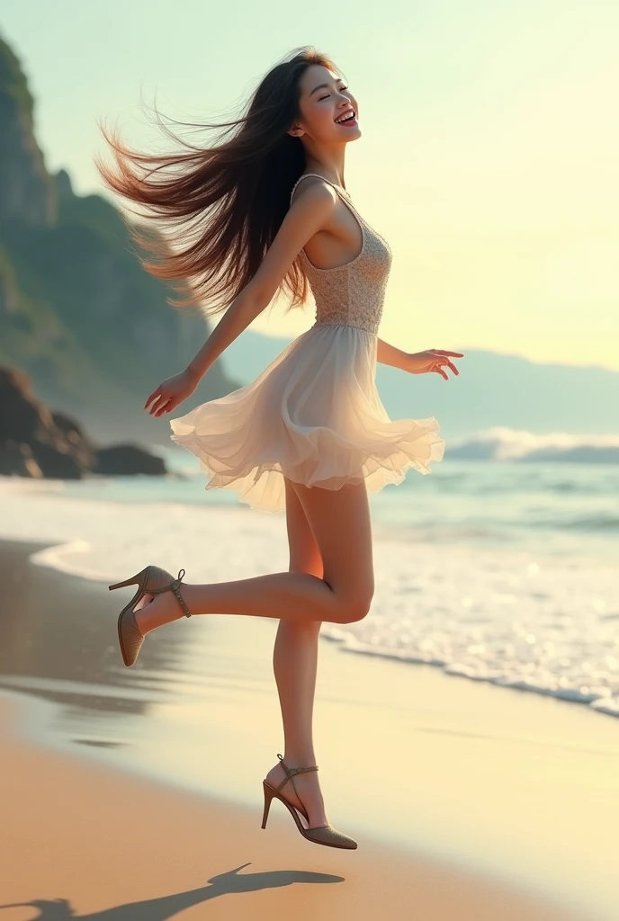beautiful chinese woman, long hair, jumping on the beach, wearing dress,short skirt, high heel shoes, soft lighting, relaxed pose, realistic, intricate details