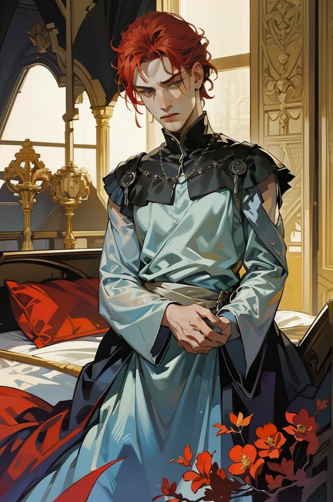 A young, shirtless boy with a cascade of fiery red hair that falls past his shoulders, standing forlornly in the dimly lit confines of his cluttered bedroom. The walls are adorned with faded posters of rock bands and superheroes, a testament to his youthful spirit that seems to have been momentarily subdued. His eyes are cast downward, brimming with a sadness that speaks of a burden too heavy for his tender age to bear. His slender body is partially obscured by the shadows, yet his taut muscles and light smattering of freckles hint at the beginnings of adolescence. His hands are wrapped around his erect penis, moving in a slow, rhythmic motion that suggests a desperate attempt to find solace amidst his turmoil. The bed behind him is unmade, the sheets tangled, as if mirroring the tumultuous emotions swirling within him. A solitary tear traces a path down his cheek, glistening in the soft glow of the bedside lamp. The scene is one of poignant vulnerability and stark contrasts: innocence and burgeoning sexuality, sorrow and self-exploration, all converging in the quiet sanctity of his personal space. The air is thick with the scent of unspoken secrets and the bittersweet taste of first heartaches.