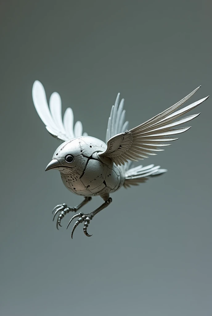 forma: Chirr is a small bird-shaped automaton, with wings made of thin metal blades that emit a soft humming sound when it flies.
detaileds: Your crystal white eyes twinkle like stars, and it has a sharp beak that can open and close while transmitting messages or sounds. Its wings are incredibly light and can fold up to allow precise landings..
Design: Chirr is decorated with finely crafted metallic feathers, that sway gently as he moves. Your body is slim and aerodynamic, with a shiny silver finish that makes it look like a little flying jewel.