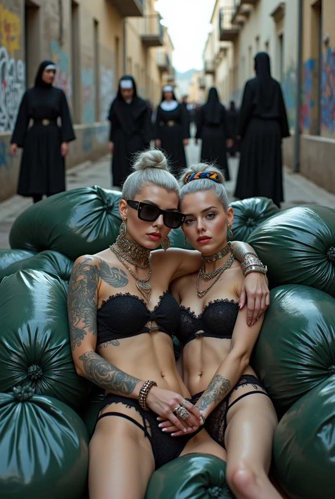 Two russian milf women: the dominant woman with possessive stance (spread legs wide open, arm around her partner"s shoulders, leaning on her partner and the other hand touching her thong) protecting the submissive and needy one, who leans her head on the other's chest. different clothes but same rock chic style. grey hair (bouffant, top bun) and oversized square sunglasses and wide  colourful bandana as headband. Big lips.  Black lace push up bra, silicone breast,, low rise black lace thongs. Barefoot with necklaces in ankles. Lots of thick wide studded bracelets, chain necklaces and big rings,. Long earrings with chains and feathers. Lounging lazily on a pile of huge dark green plastic bags. Lazy, leaning back, laid back pose, separated legs. Neck, chest, stomach, feet, hands, arms and wrists heavily tattoed.  Toned abdominals, thin neck, slim legs and thin arms. Narrow hips. Full body. At a dead end street with graffitied walls, ground littered with waste . Nuns get close. Some nuns in the background get close. 