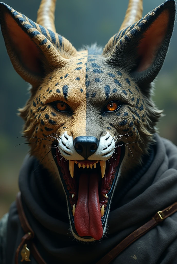 Nahual Mask is part coyote on the right side, part jaguar on the left side and the super part deer with the open mouth showing the tongue and big fangs
