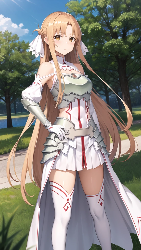 stacia, asuna, asuna_\(sao\), 1girl, (sexy pose:1.4), fantasy, highres, looking_away, looking_to_the_side, original, realistic, scenery, close_up, upper_body, (draw sword:1.5), smiling, solo, (potruding nipple:1.2), long hair, looking at viewer, smile, open mouth, bangs ,detailed eyes, beautiful background, (summer, beach), hands on the chest, orange hair, thighhighs, gloves, dress, (cleavage:1.4), bare shoulders, brown eyes, very long hair, standing, (full body:1.5), white gloves, white dress, armor, white thighhighs, garter straps, fantasy, white armor, abec, sfw