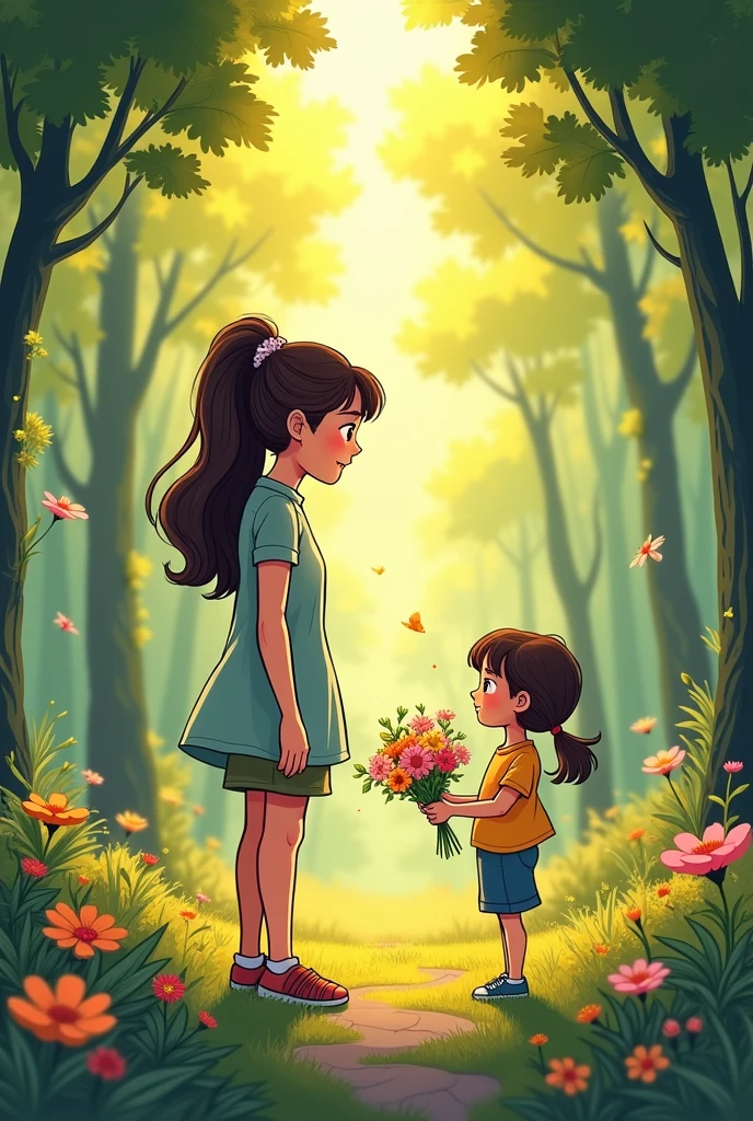Create a comic style image of a forest as a background with a family of a mother and her daughter, In the picture the girl is with her mother&#39;s back to her, the  has a smiling expression and some flowers in her hand and the mother has an expression of &quot;don&#39;t go too far away&quot;
