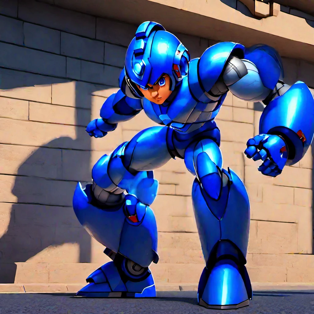 megaman, standing on a street, street level, blue robot, 3d++, smooth, high details, masterpiece, 4k, (handsome face), (realistic face:1.5), (high detailed face:1.5), (high detailed eyes:1.5), (serious), (focused)