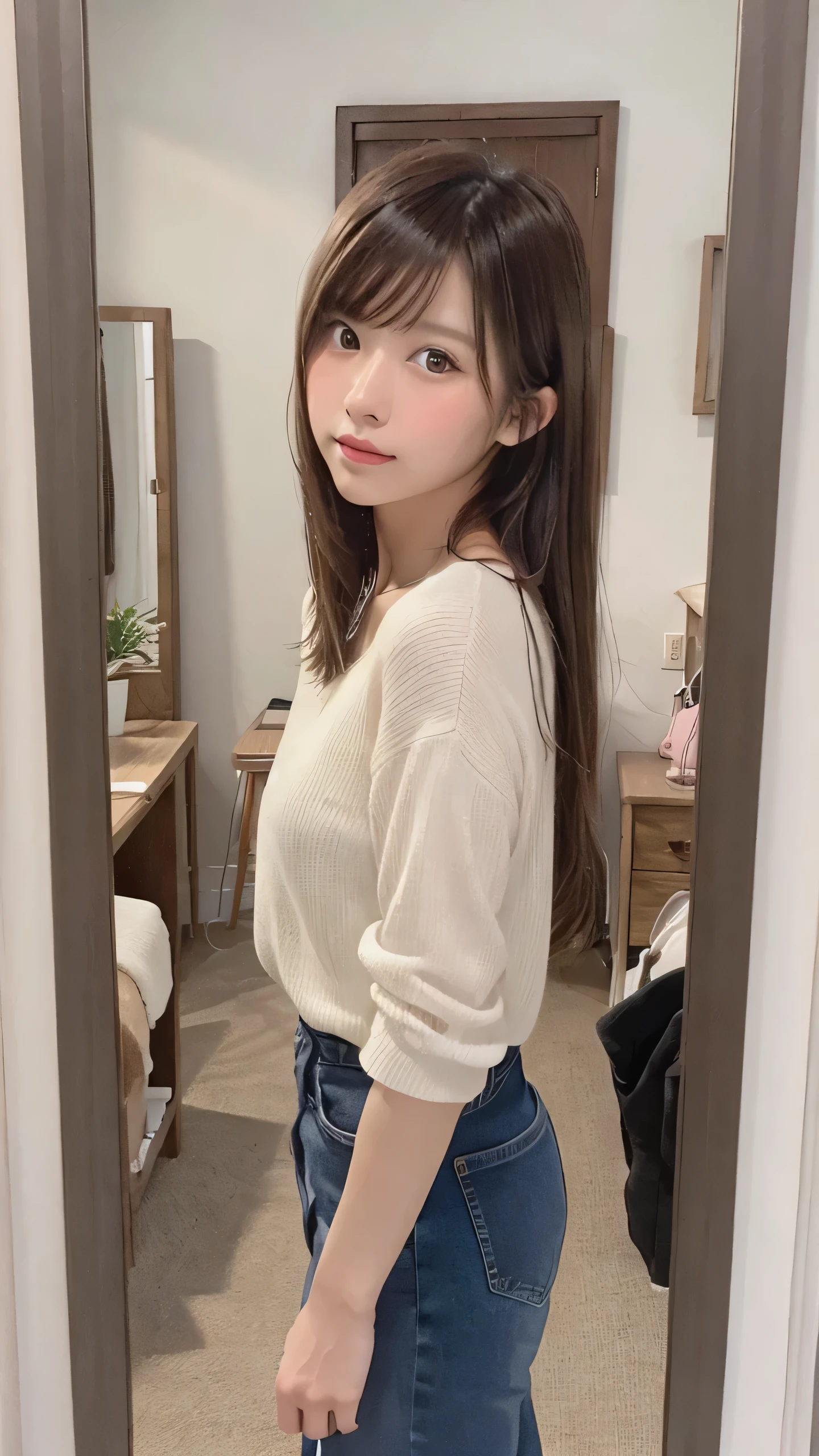 masterpiece, highest quality, High resolution, Bright and tidy bedroom, full-length mirror, open wardrobe, clothes neatly arranged, soft natural light, minimalistic decor, light pastel colors, Young woman, early 20s, standing in front of mirror, choosing outfit, casual but stylish clothes, pastel colors, wearing a white blouse and light denim jeans, slightly tousled long hair, focused expression, slight smile, Side view, capturing her reflection in the mirror, focus on her outfit selection process, mirror reflects both her and the room