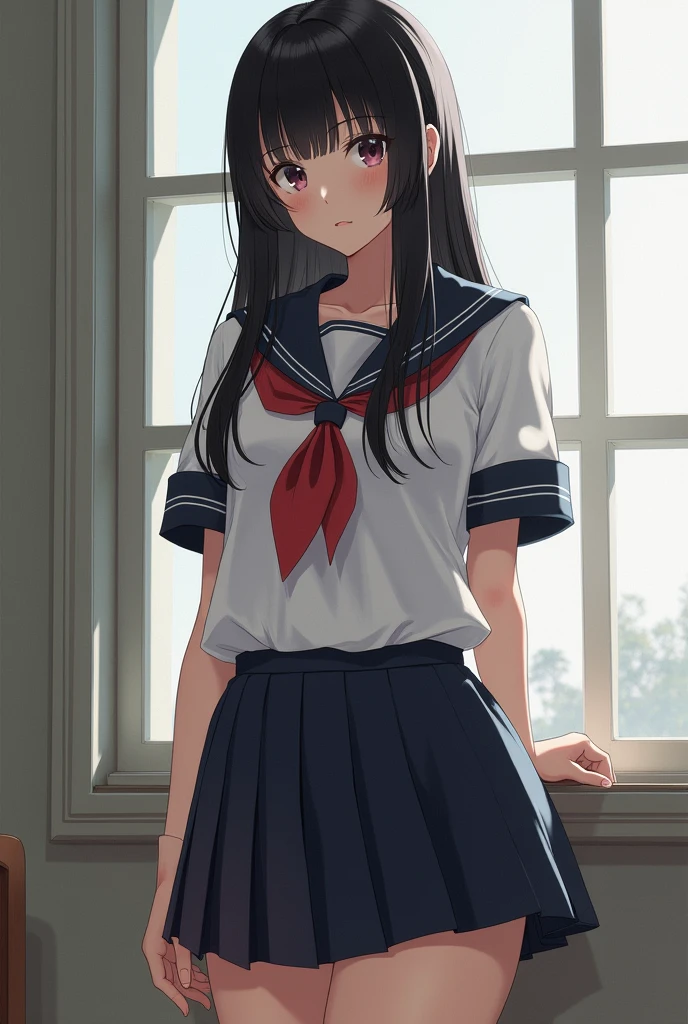 Busty young girl in Japanese school uniform naked with long black hair