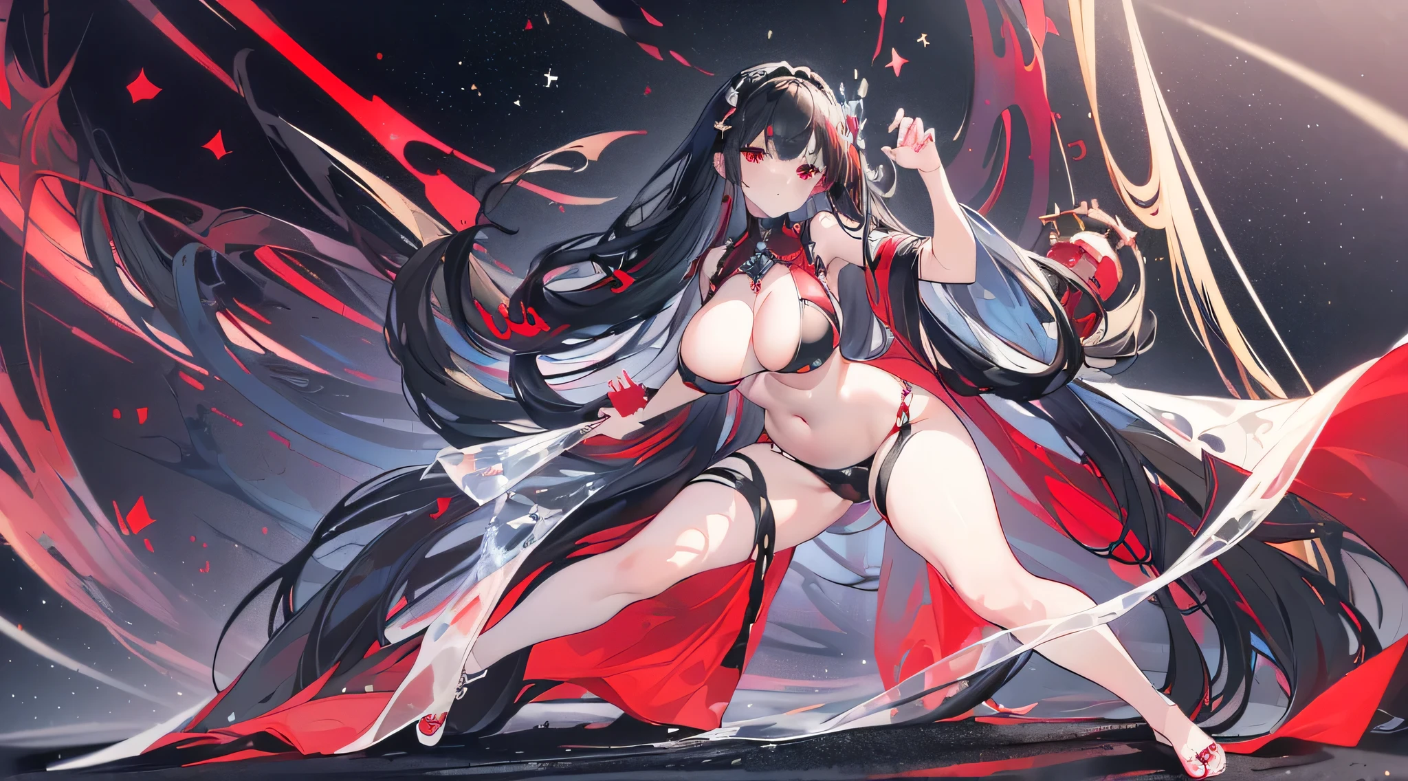 Exquisite eyes),(Clear and beautiful eyes:1.61),masterpiece, ung girl,(Black clothes and some red gems), Black long hair, (She has a huge red gem on her chest), Good Hand,((The Havoc of StarCraft)),full-body shot,Fighting Stance,(Red Eyes:1.466),short and small,(Very big breasts:1.35),(Pretty Face),(full-body shot:1.33),Beautiful hands